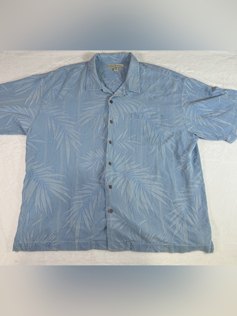 Tommy Bahama Men’s XXL Blue Silk Cotton Hawaiian Camp Shirt Palm Leaf Button Up